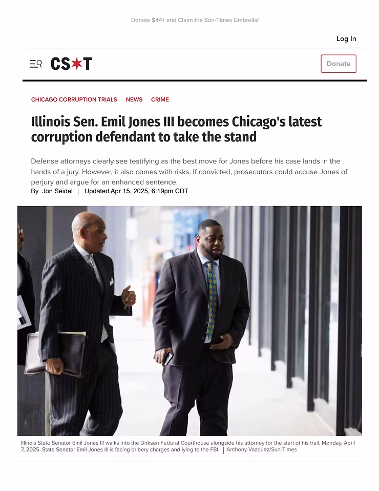 CST - Illinois Sen. Emil Jones III becomes Chicago's latest corruption defendant to take the stand